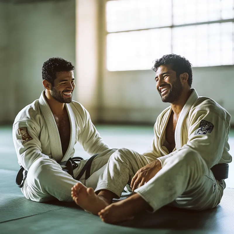 Deux pratiquants en kimono, complices et souriants sur le tatami